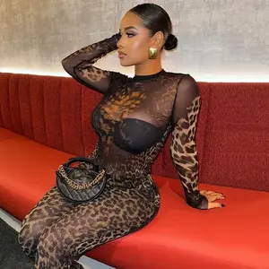 summer autumn clothes two Piece Women Leopard Print Mesh Shirt And Flare Pants Matching Set 2025 New Fashion Elegant Night Party Pant Suit Outfits Check Light Womenswear Crewneck Gamis Trouser Long Sleeve