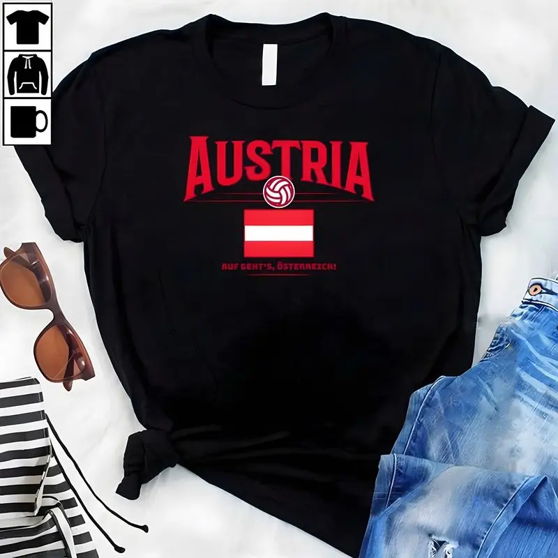 Austria Volleyball Graphic Tee Retro Austrian Flag T-Shirt Auf Geht's Österreich Sports Fan Gear Soft Breathable Cotton Crewneck Unisex Casual Streetwear Game Day Outfit Trendy Viral Athletic Top