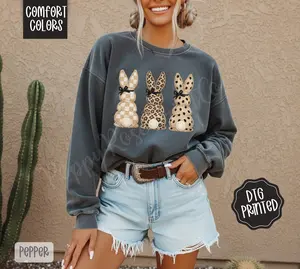 Leopard Bunnies Comfort Colors Sweatshirt, Trendy Women's Crewneck