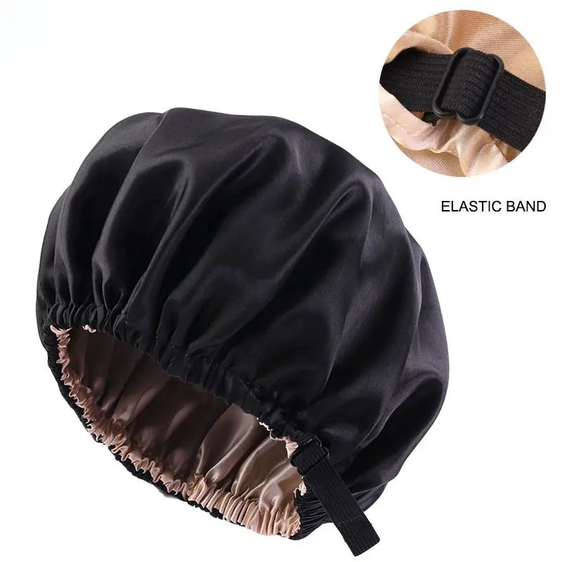 Satin sleep Bonnet with shower-Cap style - Breathable, Quick-Dry, Waterproof Edge, wideBrim Satin Cap with Elastic Band for Curly or Straight Hair, Heatless Haircare silk Accessory Adjustable Gift