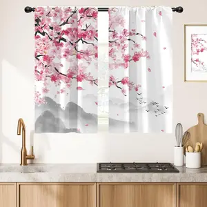 Pink Floral Kitchen Window Curtains Rod Pocket Small Short Cafe Flowers Cherry Blossom Spring Japanese Nature Anime Cool Room Drapes 2 Panels for Living Bedroom Home Decor 27.5X39 inch