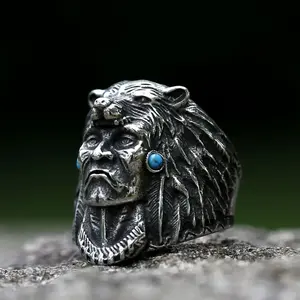 New 316L Stainless Steel Rings Vintage Indian Warrior Biker With Wolf Animal Ring For Men Women Religion Jewelry
