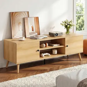 TV Stand for 55-60 Inch TV, Mid Century Modern Entertainment Center, Wood Media Console with Double Storage Cabinets for Living Room and Bedroom