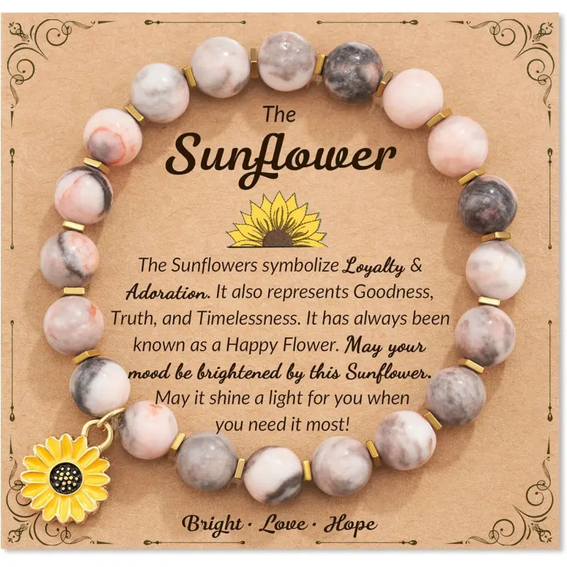 Inspirational Sunflower Beaded Bracelet for Women, 8mm Natural Stone, Elastic Stretch Fit for 7-8.3 Inch Wrists, Inspirational Gifts, Sunflower Symbolism, Female, Thanksgiving, 7" To 8.3"