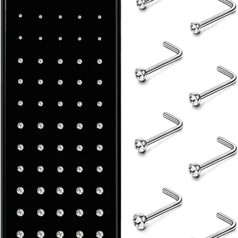 Hypoallergenic Nose Stud Set, 60-Piece 316L Stainless Steel and CZ Body Jewelry, L-Shaped Screw Piercings Body Jewelry, Sizes 20G–22G, Multiple Gauges Available