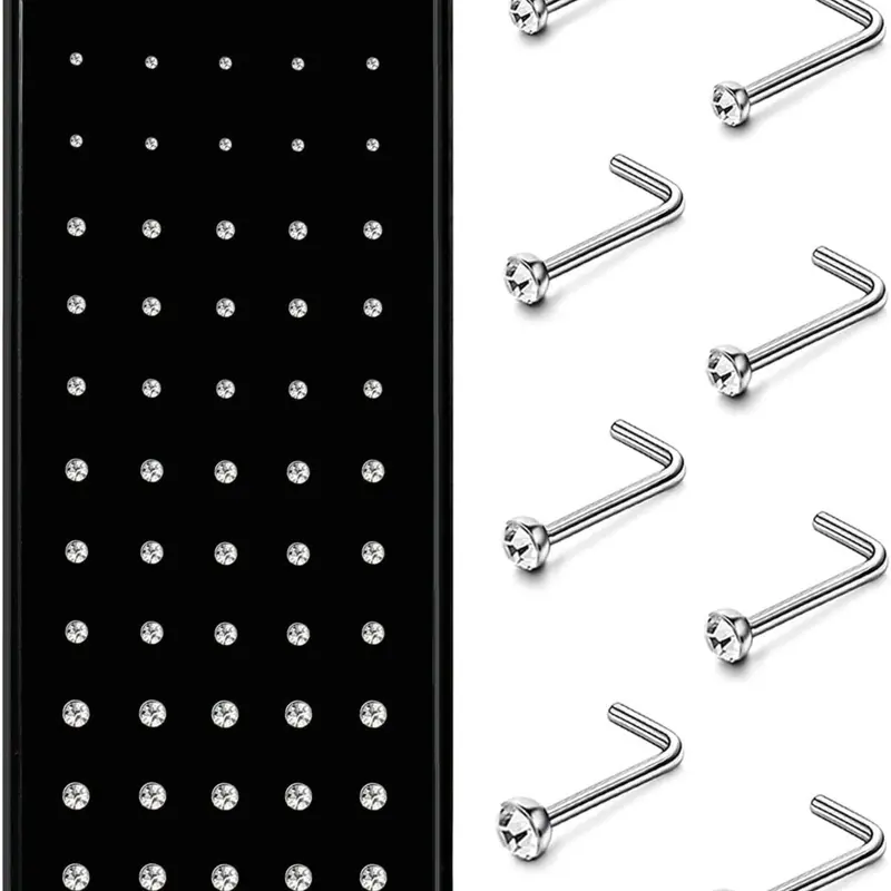 Hypoallergenic Nose Studs Set, 60pcs 316L Stainless Steel & Cz Jewelry, Nose Piercing Jewelry, Body Jewelry, L-Shaped Nose Rings, Sizes 20g-22g, Multiple Gauges Available, Body Jewellery