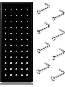Hypoallergenic Nose Studs Set, 60pcs 316L Stainless Steel & Cz Jewelry, L-Shaped Screw Piercings, Sizes 20g-22g, Multiple Gauges Available