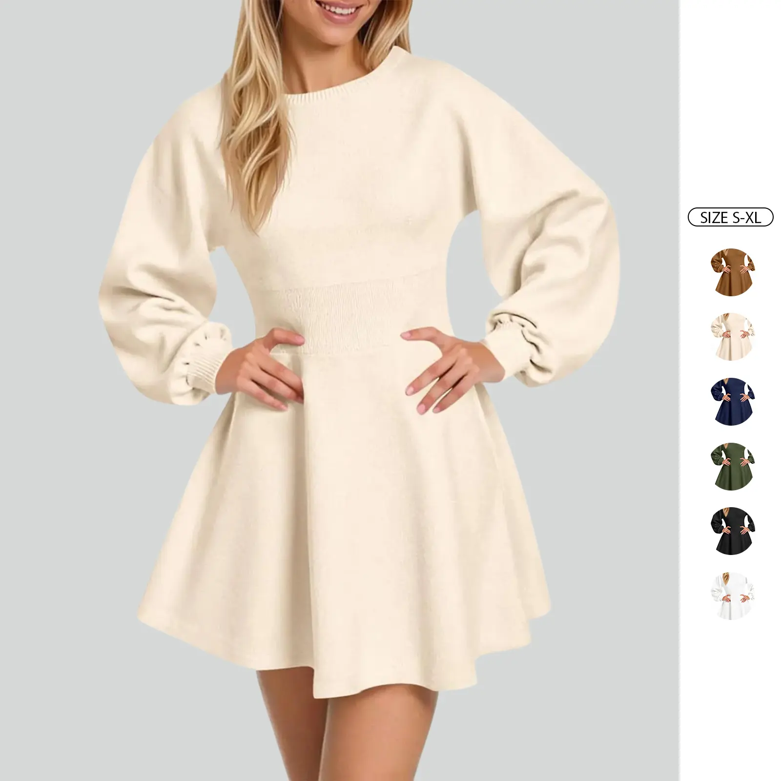 Imily Bela Womens Puff Long Sleeve Sweater Dresses Casual Trendy A-Line Short Mini Dress Fall High Waisted Skater Dress