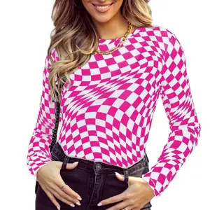 Checkered Pattern Mesh Long Sleeve Top - Black and White Design, Mock Neck, Casual Womenswear - Shirts