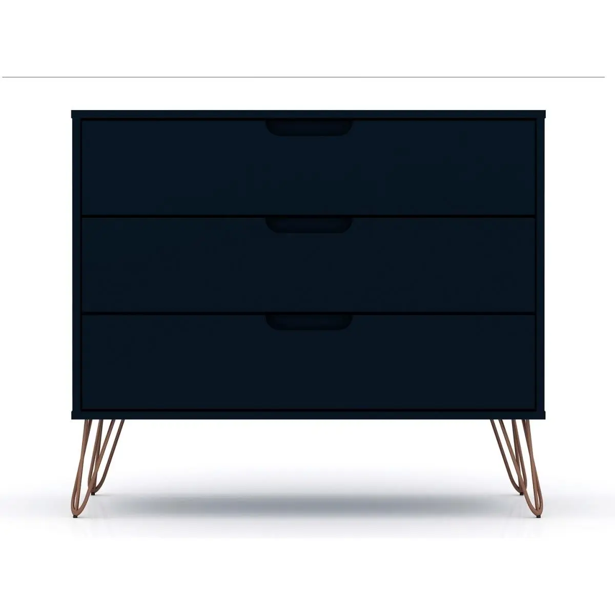 212 MAIN Rockefeller Mid-Century Modern 3-Drawer Indoor Dresser, Matt Finish, Anti-Tip Kit, Cutout Handles, MDF Frame, Metal Legs, Tatiana Midnight Blue, 28.86x35.24x17.52 in, Metal Feet