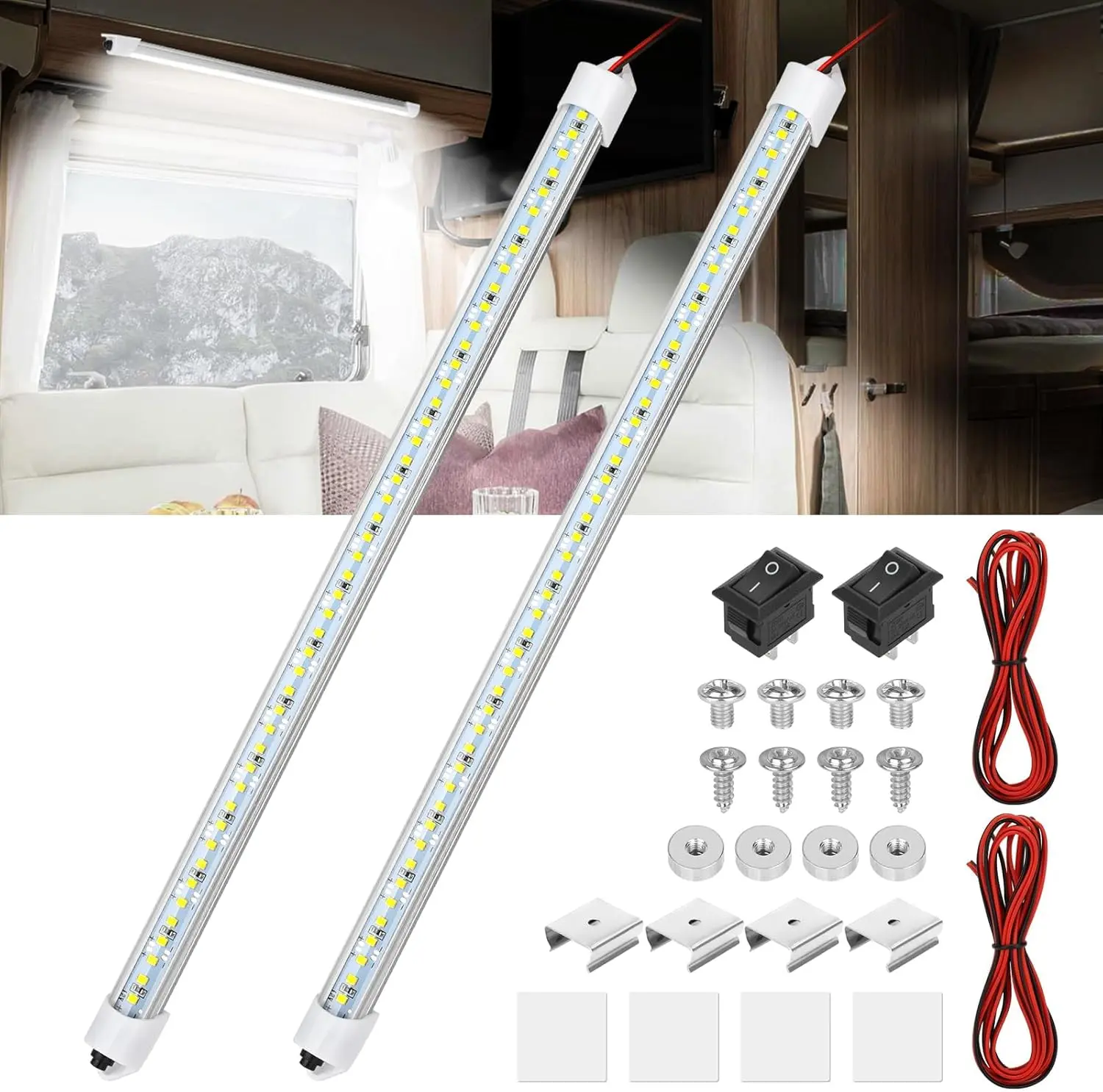 2 count 12V Interior LED Light Bar, 48 LEDs Slim Light Strip w/, for  Trailer  RV Van Boat, 6500K