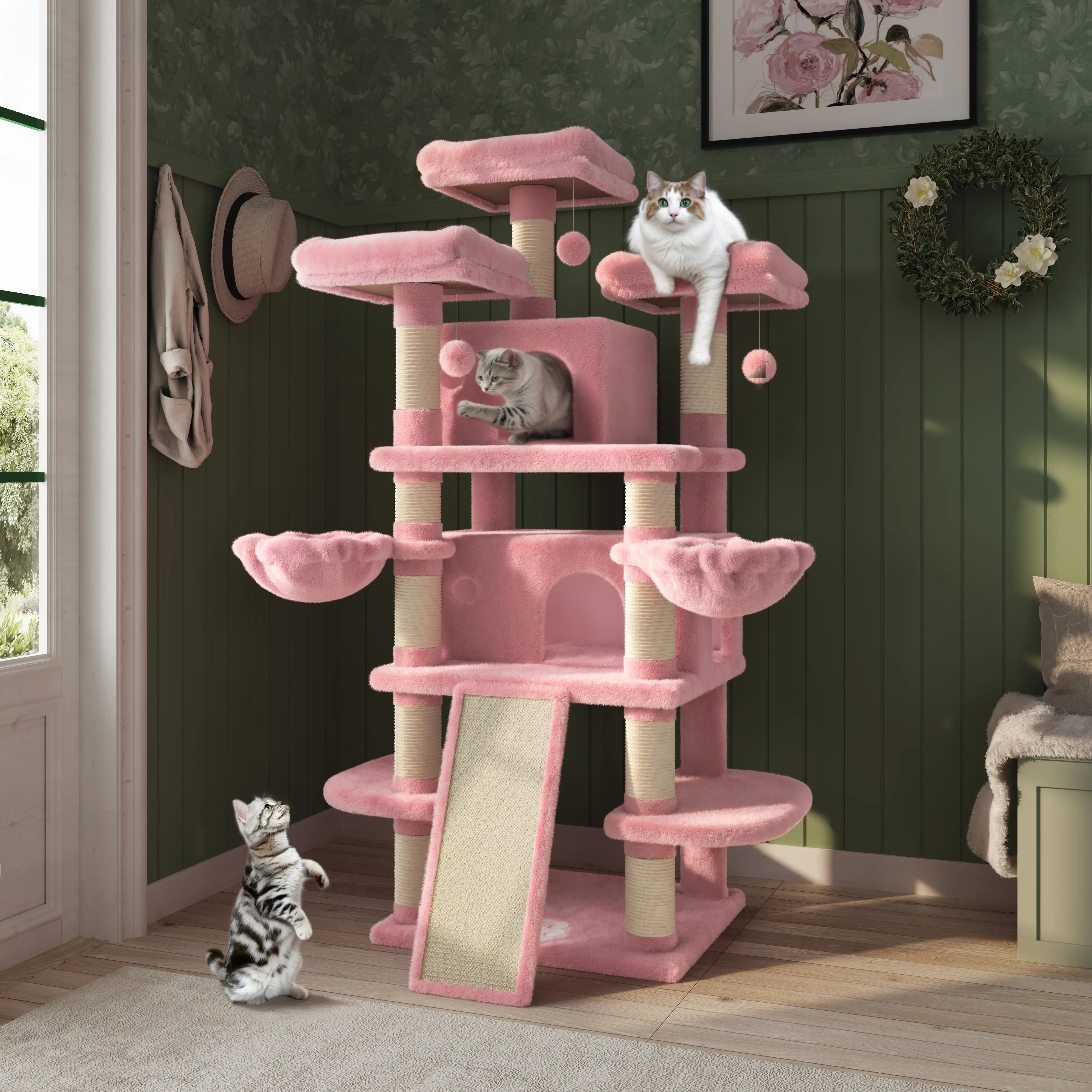 MUTICOR 68 Inches Multi-Level Large Cat Tree for Large Cats/Big Cat Tower with Cat Condo/Cozy Plush Cat Perches/Sisal Scratching Posts and Hammocks/Ca