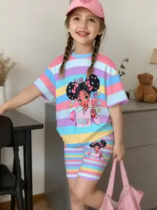 Girls' Cartoon Short Sleeve T-Shirt and Shorts Set, Casual Streetwear, Perfect Gift for Kids, Outdoor Wear, Loose-Fitting