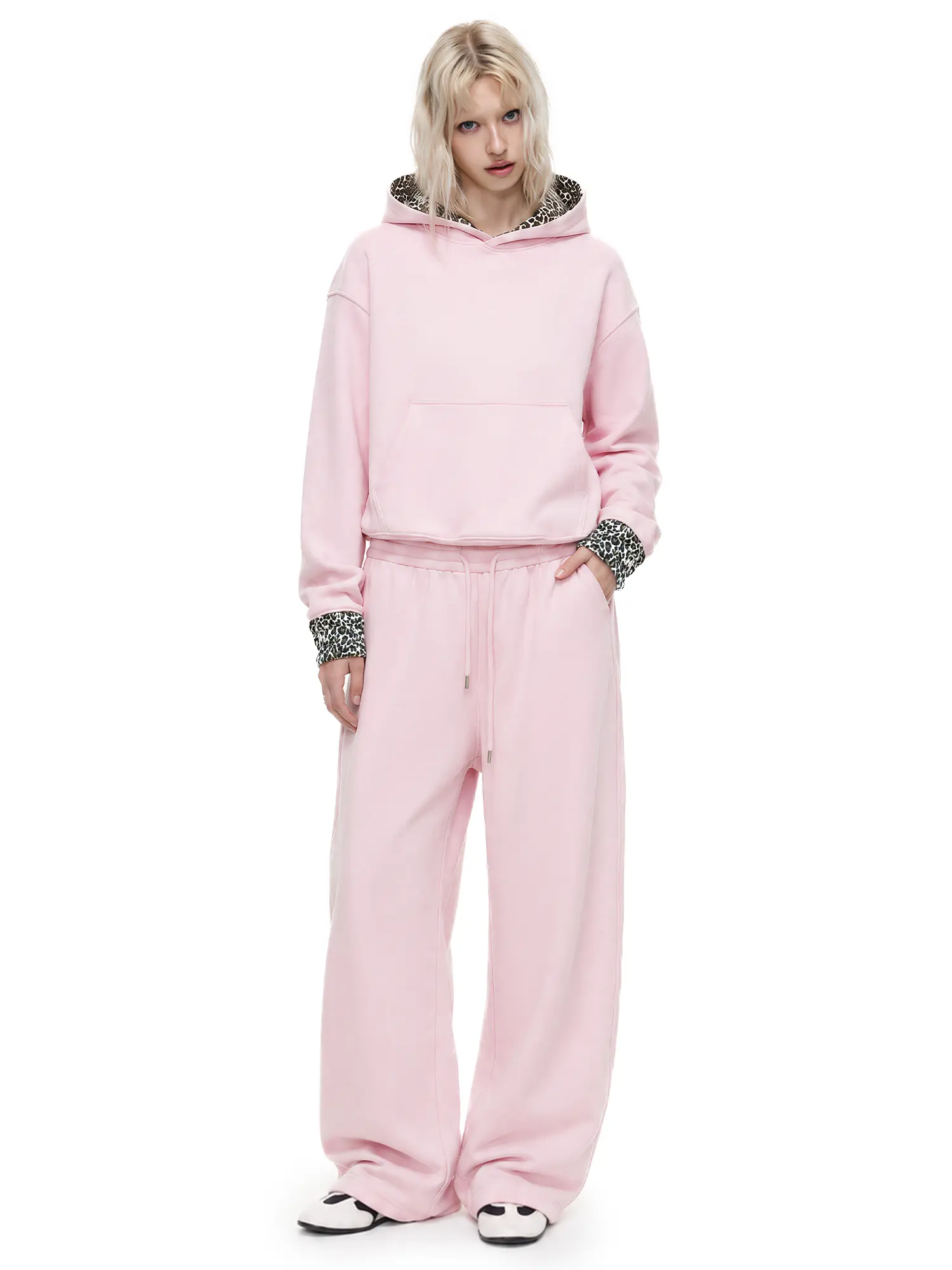 FDR Women's Aesthetic Leopard Patchwork Hoodie - Basic Longsleeves Oversized Vintage Blush Pink Loose Fit Pullover, Casual Streetwear Lounge Outfit Set for Girls, Unisex Minimalist Sweatpant-Style Top, Women's Clothes, Slouchy Look