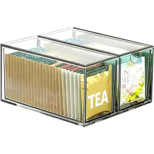 2 Pack Stackable Tea Bag Storage Organizer Drawers Clear Acrylic Tea Bag Holder for Cabinet Drawer Pantry Countertop Kitchen Tea Storage Container