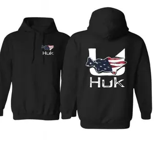 Patriotic Huk Pullover Hoodie with American Flag Bass Fish Graphic – Unisex Angler Sweatshirt, Cozy Streetwear for Outdoor Fishing Adventures, Vintage Washed Relaxed Fit Men's Top