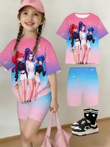 Girls' Summer T-Shirt Shorts Set, Blue Gradient Starry Sky Design, Casual Streetwear, Perfect Gift for Kids, Outdoor Wear