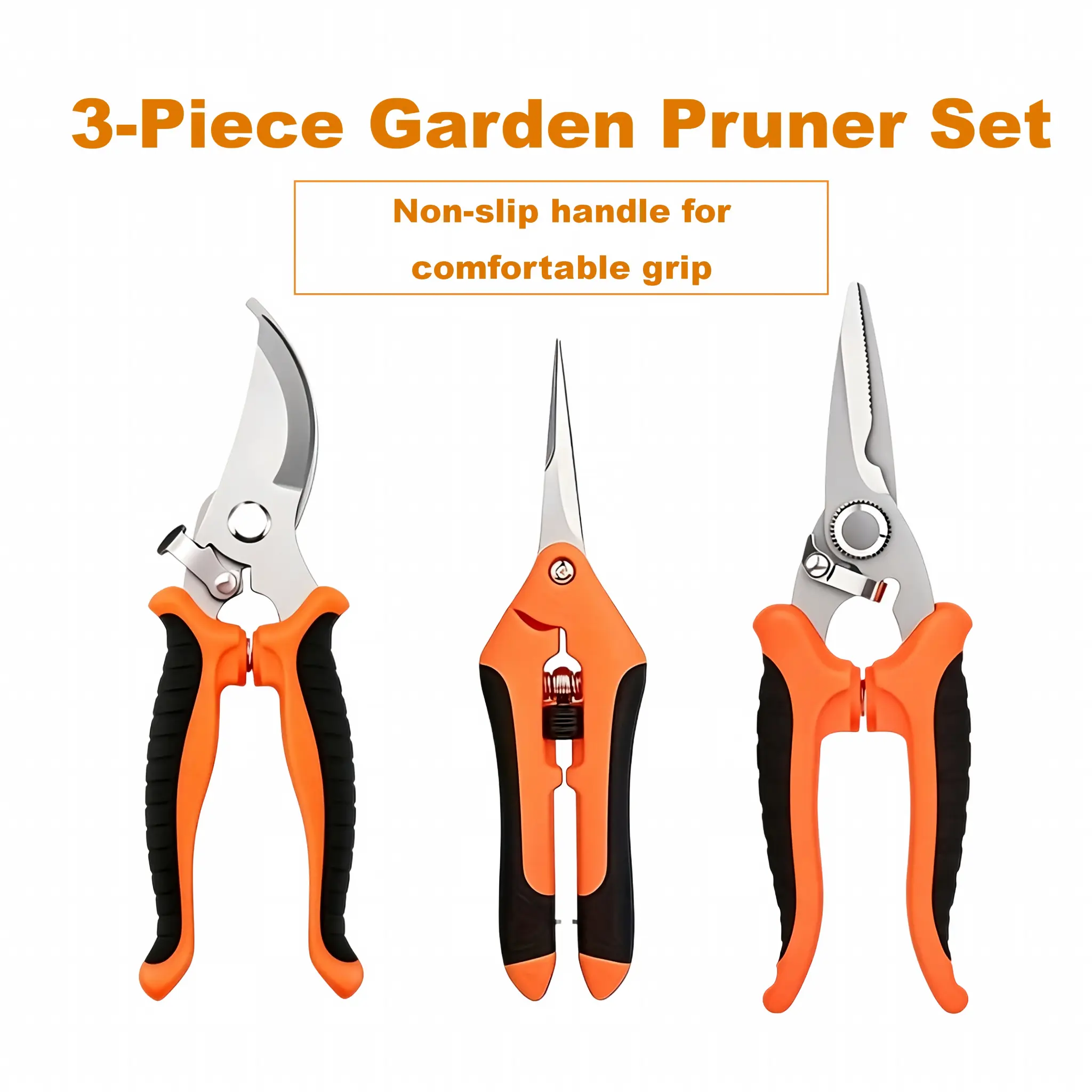 3-Piece Stainless Steel Garden Pruning Shears Set, Professional Floral Scissors with Ergonomic Hand Grips, Durable Sharp Stainless Steel Blades Hand Trimming Clippers, Ambidextrous Handheld Gardening Tools for Lawn, Trees, Shrubs & All Garden Plant Care