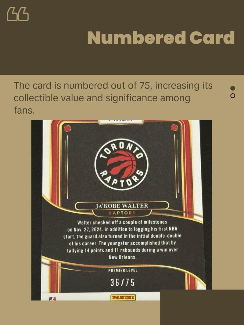 BASKETBALL- 2024-25 Panini Select - Ja'Kobe Walter Lime Green /75 Rookie Card Premier Level - Toronto Raptors sports  cards