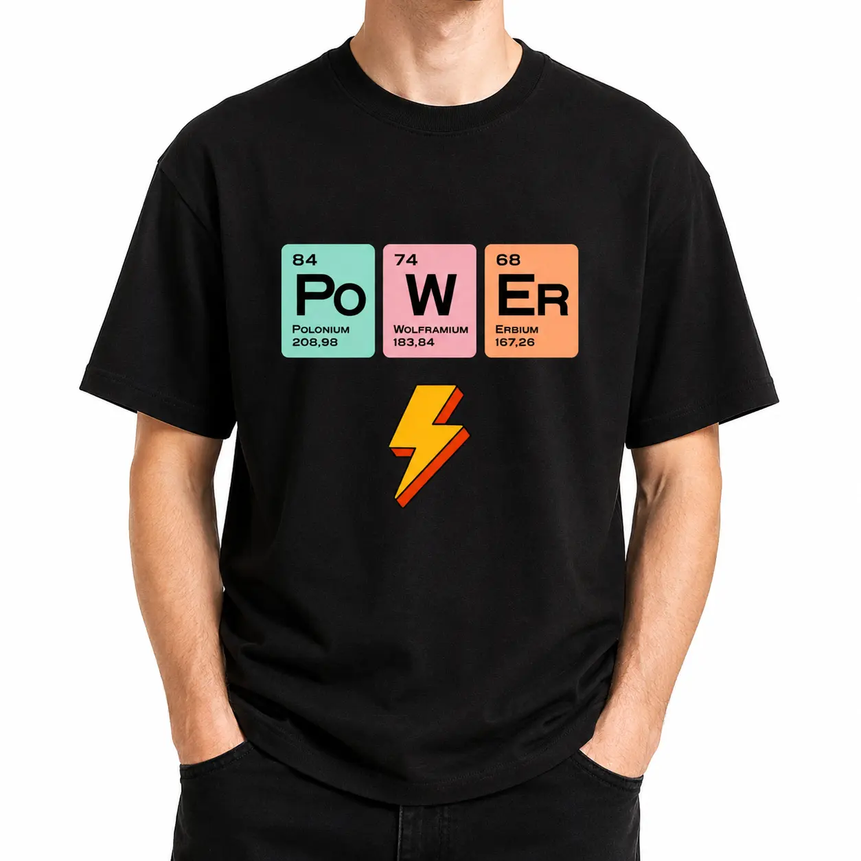 Power Periodic Table T-shirt, Science Letter Print Black Shirt, Graphic Tee Top for Men, Women, Unisex, Harajuku Streetwear, Oversized Casual Sweet Wear Outfit, Chemistry Energy Shirt, Y2K School Gift