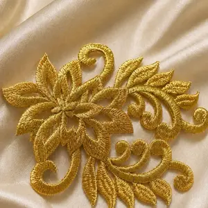 Gold Embroidered Floral Applique for Garment Decoration