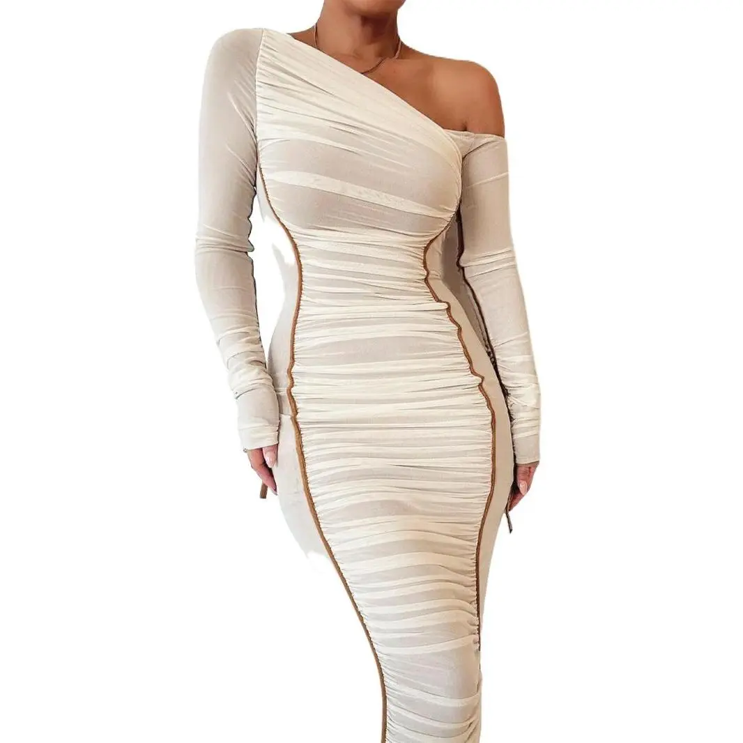 2025 Striped Ruched Asymmetrical Neck Bodycon Dresses for Women, Elegant Long Sleeve Long Dress for Party Club Dating Wear, Clothing for Spring & Fall, Princess Cut Bodycon Dress, Classy Modest Dresses, Formal Dresses