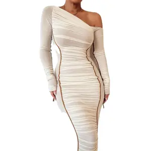 2025 Striped Ruched Asymmetrical Neck Bodycon Dresses for Women, Elegant Long Sleeve Long Dress for Party Club Dating Wear, Clothing for Spring & Fall, Princess Cut Bodycon Dress, Classy Modest Dresses, Formal Dresses Women