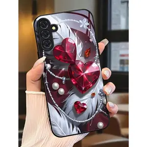 1 PC Red Heart-Shaped Gemstone High-Quality Tempered Glass Craftsmanship Phone Case Suitable For Compatible With Galaxy A03s/05s/05/14/15/16/23/24/25/26/32/34/35/36/51/52/53/54/55/56/71,Note20/9,S10e/S10/S20/S21/S22/23/24/25 Ultra/FE+