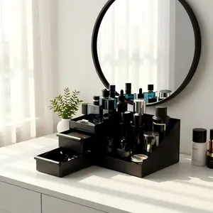 Black 3-Tier Cologne Organizer with Drawers - Men's Grooming Supply Storage for Perfume, Skincare & Toiletries - Waterproof Vanity Organizer