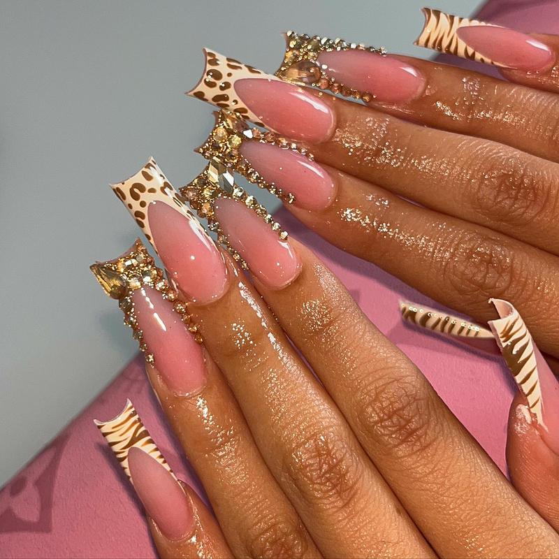 NailKavie Long Square Pink Base Leopard Print French Tip Nails Rhinestone Crystal Bling Luxury Glam Press On Nails