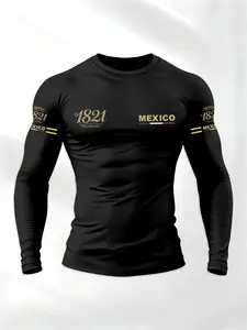 Men's Sporty Long Sleeve T-Shirt with Mexican Theme Letter Design, Casual Street Style Top for Spring & Fall, Fitted Regular Fit Fashion