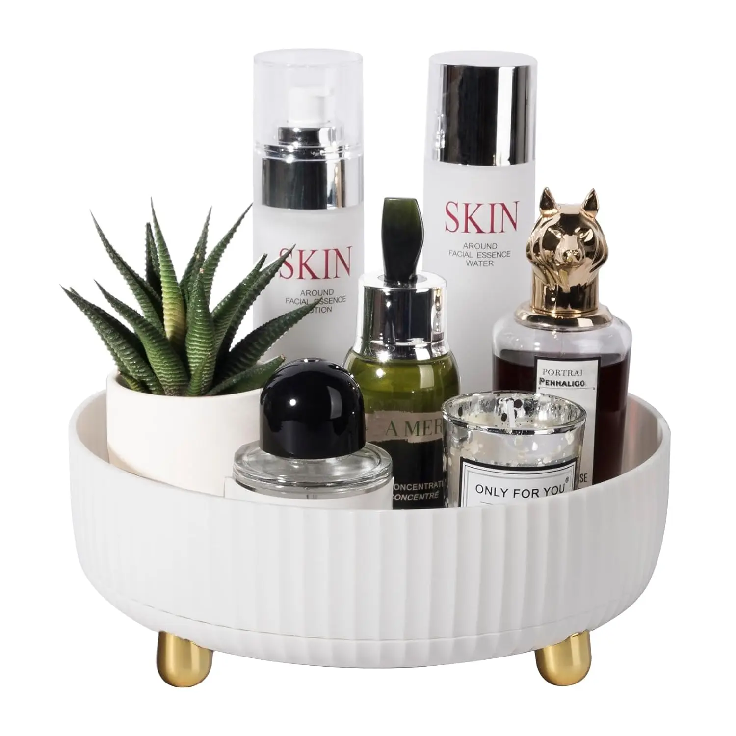 Makeup Perfume Organizer Tray 360 Degree Rotating Lazy Susan Skincare Lotion Organizer Spinning  Storage for Dresser, Vanity, Bathroom Countertop, Small  White