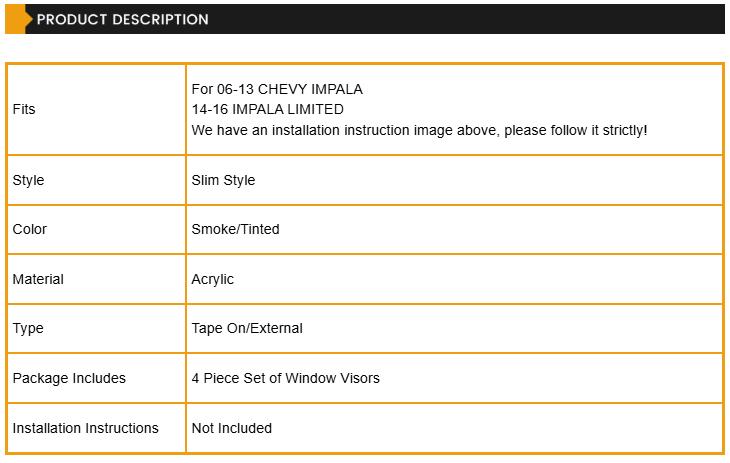 Fits 06-13 Chevy Impala 14-16 Impala Limited Window Visors Rain Sun Guard Vent