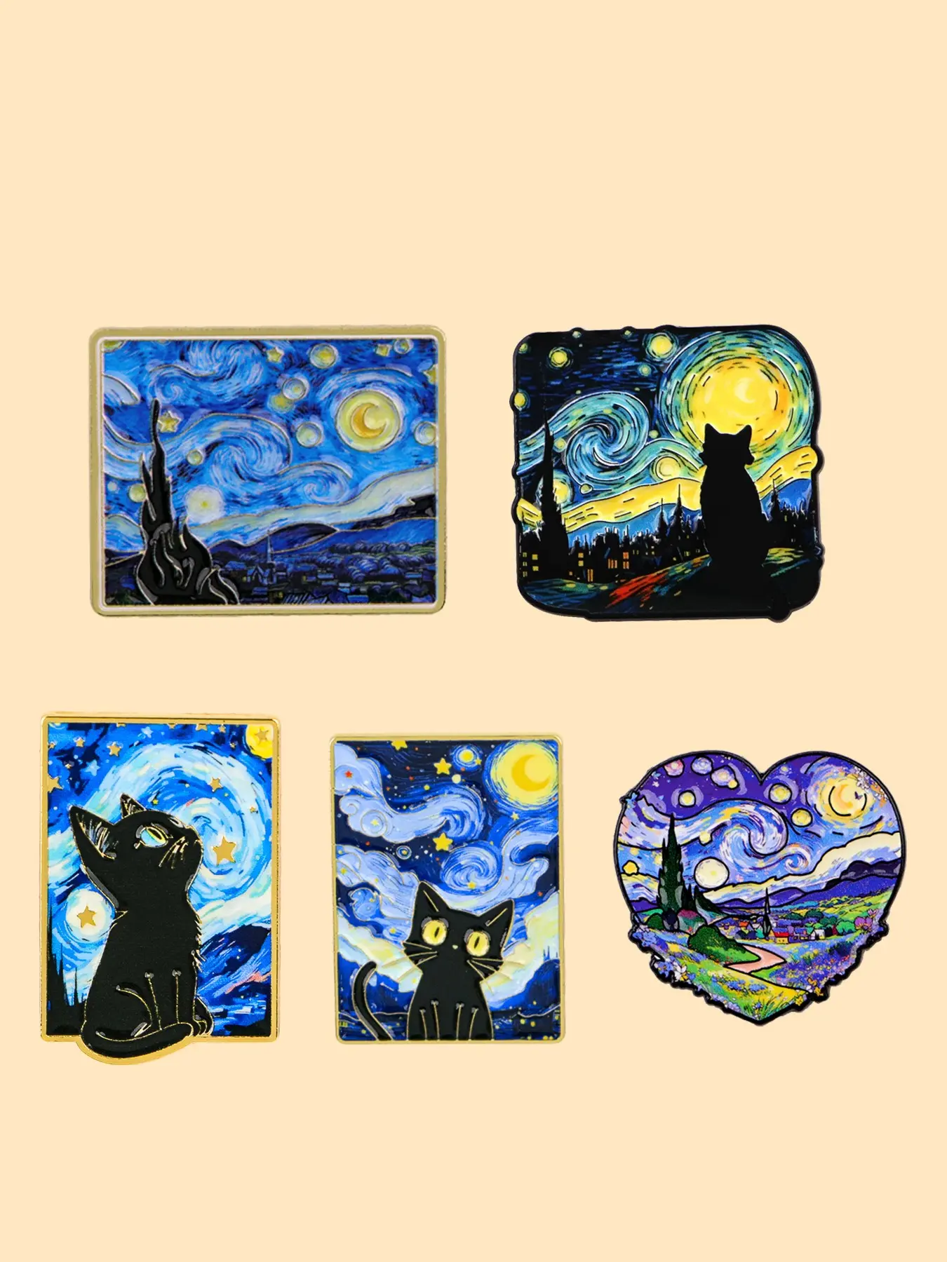 5pcs/set Van Gogh Starry Night Enamel Pins, Alloy Brooch Pin, Cute Cat Design Fashion Brooches, Neckline Bag Badges, Trendy Backpack Decor, Festive Gifts