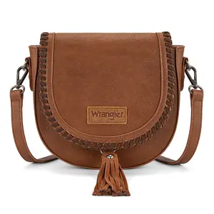 Wrangler Crossbody Bag Flap Saddle Bag Small Boho Purses for Women Embossed Braid Handbags with Tessel