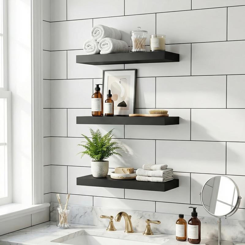 Spaco 14.9" Maple Black Floating Wall Shelves - Modern Wood Storage for Bathroom, Bedroom, Kitchen & Living Room (Invisible Brackets, Decorative & Functional for Books & Organization)