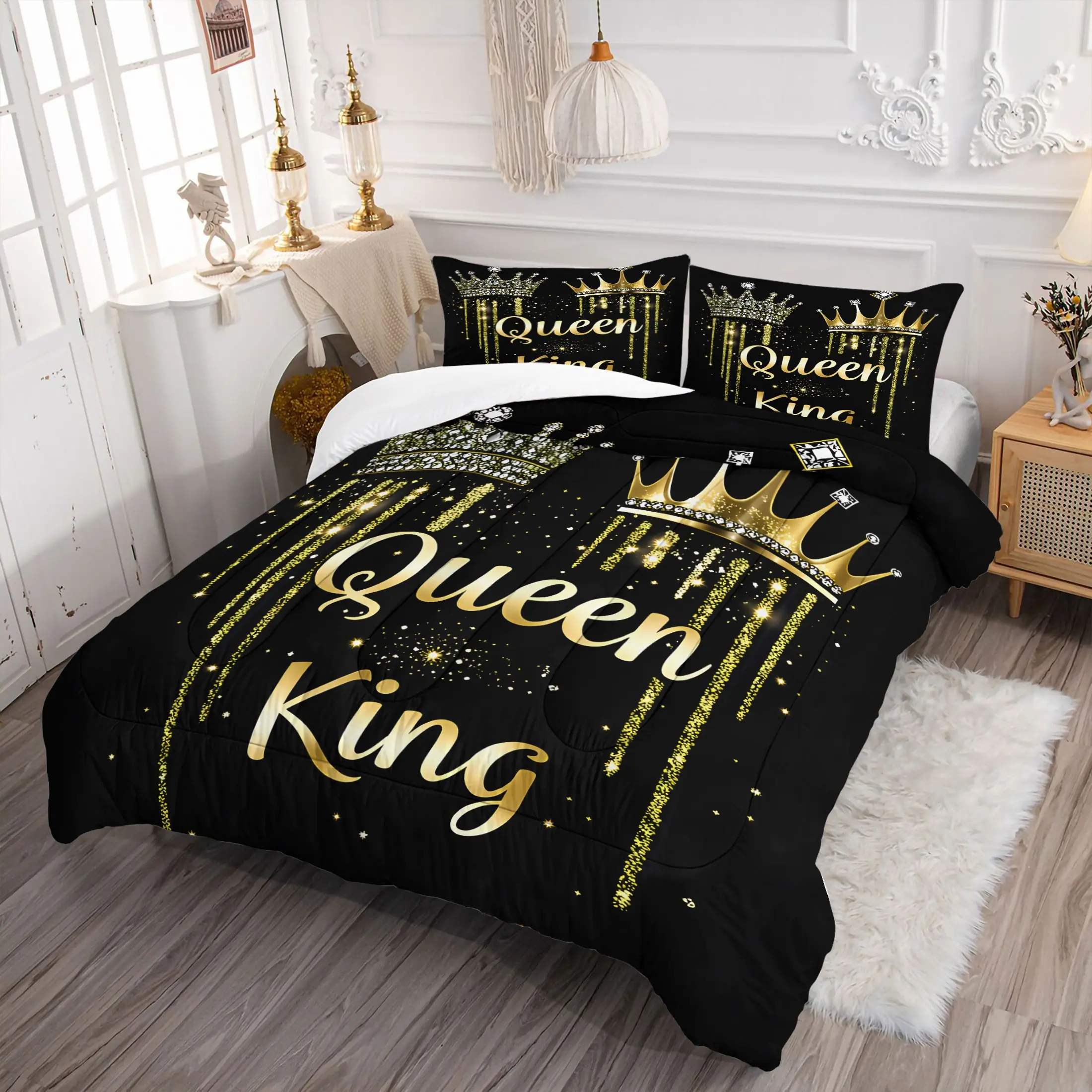 2/3Pcs Royal Queen King Crown Comforter Set, Gold Glitter Quilt with Pillowcases (Pillows Not Included), Luxury Black & Golden Bedding Set for Bedroom & Dorm, All-Season Warmth, Bling Royalcore Decor for Couples