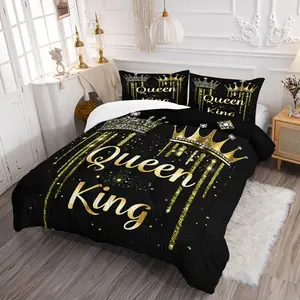 2/3Pcs Royal Queen King Crown Comforter Set, Gold Glitter Quilt with Pillowcases (Pillows Not Included), Luxury Black & Golden Bedding Set for Bedroom & Dorm, All-Season Warmth, Bling Royalcore Decor for Couples
