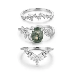 Between the Leaf Moss Agate, Hillcrest, and Starry Night White Vermeil Ring Set