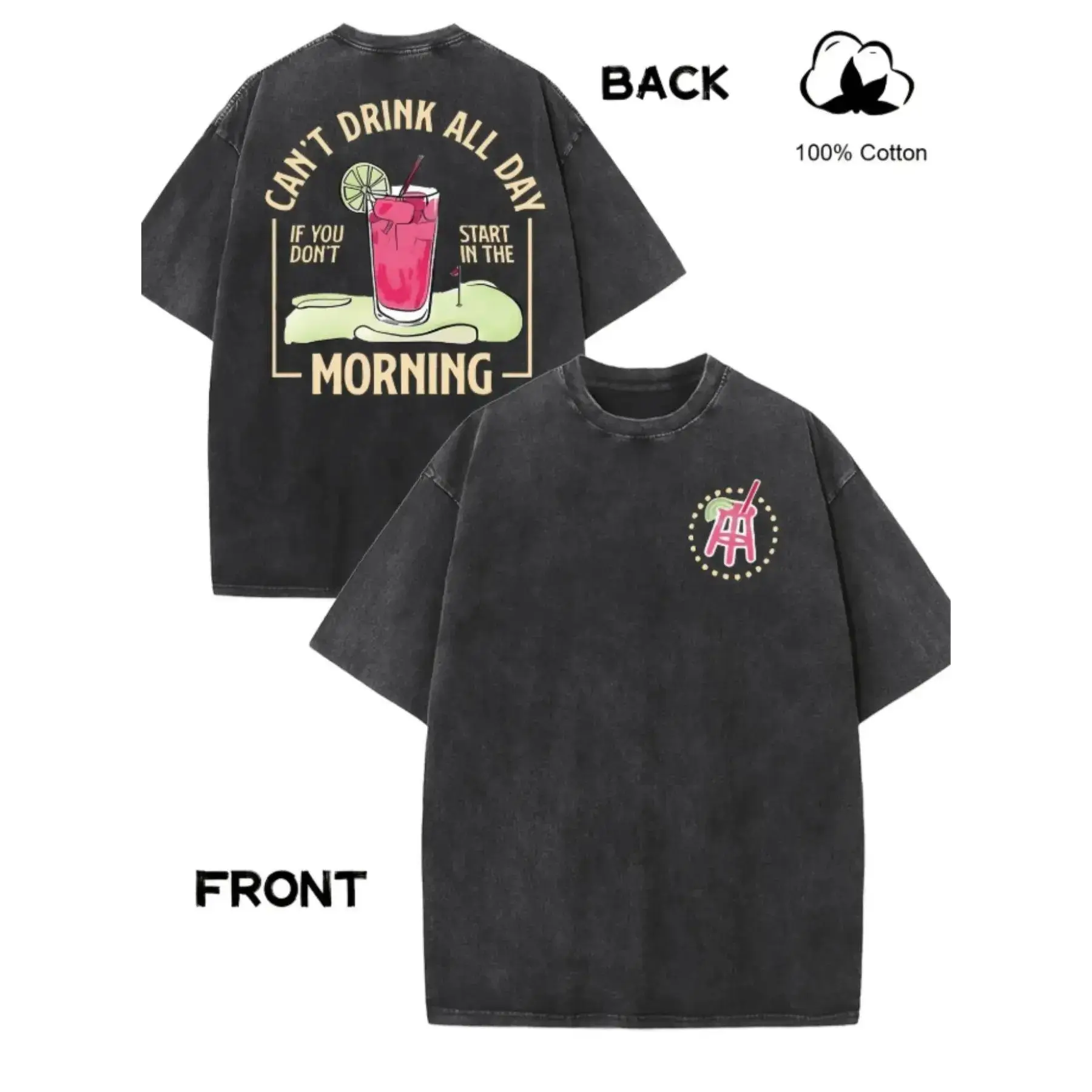 Men's Oversized Retro Wash Texture T-Shirt - Short Sleeve, Round Neck, 100% Fabric, Bold Drink Graphic, Double-Sided Print, Water-Wash Look, Athletic Casual Unisex Distressed Festive "Can't Drink All Day" Top, Front/Back Graphics, Multi-Size