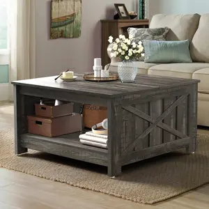 Farmhouse Coffee Table with Half Open Storage Compartment, Rustic Gray