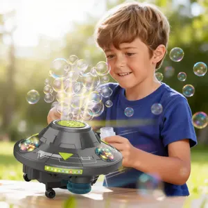 UFO-shaped bubble machine set, LED lights and music, 360° rotating safety bubbles, abundant bubble output, safe and fun spring/summer outdoor toy suitable for boys and girls, birthday gift, suitable for children aged 3 and up.