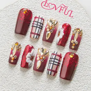 Lovful | H345 Crimson Charm Handmade Acrylic Press On Nails | 10PCS Reusable Salon Quality 2025 New