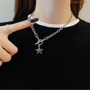 Minimalist Vintage Star Pendant Necklace Adjustable Silvery Hip Hop Chain Jewelry Unisex Accessory For Daily Vacation Music Festival Couple Matching