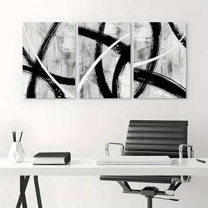 Wall Art 3pcs/set Framed Canvas Geometric Paint Strokes Black Gray White Artistic Print for Bedroom Bathroom Kitchen Living Room Decor with Wooden Frame Easy to Hang UV Resistant Ornaments