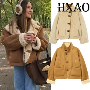 HXAO Faux Suede Jacket Outerwears Fleeced Faux Sheepskin Coat For Women Warm Double Faced Cropped Plush Jacket Teddy Womens Coat