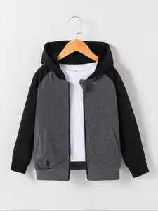 Boys' Colorblock Hooded Zipper Jacket, Fall & Winter Warm Coat for Kids, Stylish Casual Outerwear for Boys, Comfortable Daily Wear, Zip up jackets