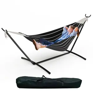 Double Hammock with Steel Stand, 2 Person Brazilian-Style, 450lb Capacity, Portable with Carry Bag, Tropical Indoor Outdoor,summervibes