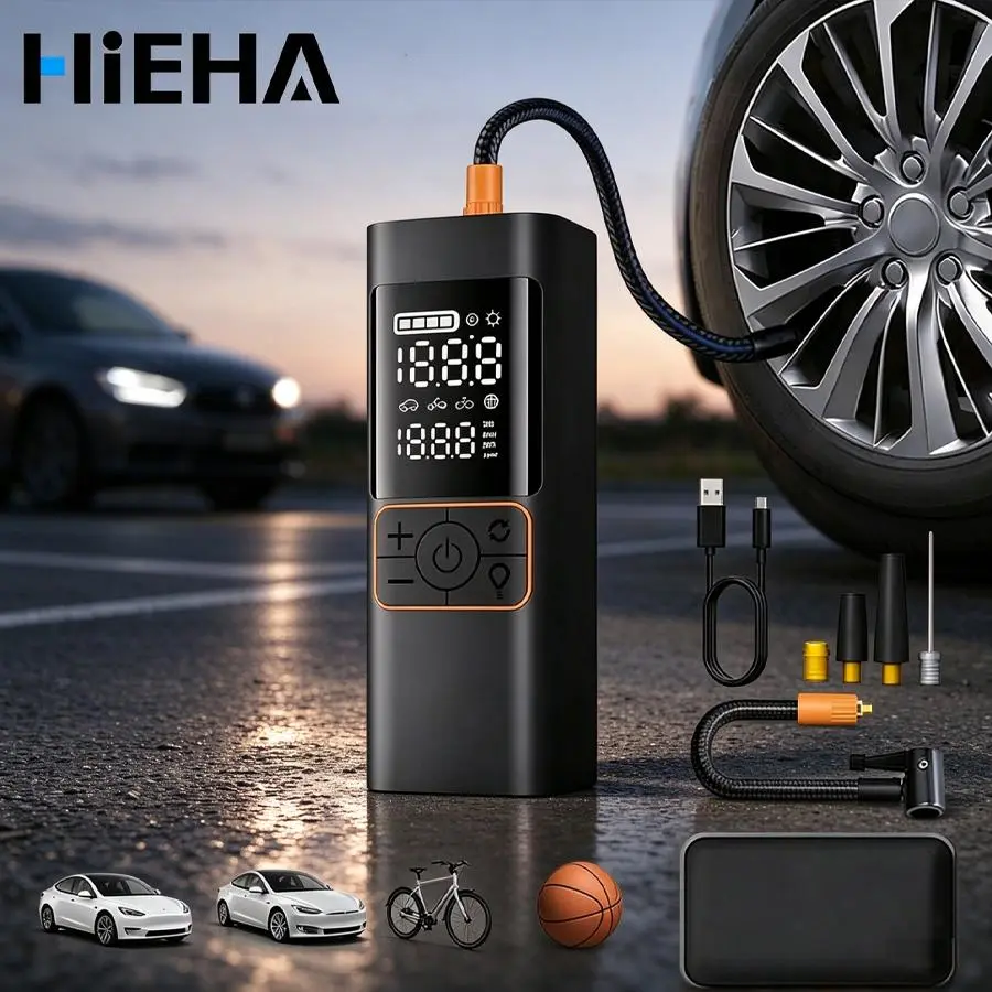 HIEHA Cordless Tire Inflator, 180PSI Portable Air Compressor with Digital Gauge, 12V 22.2Wh Rechargeable Battery, USB Power Bank, 3-Mode LED Strobe/SOS Flashlight, Auto Shut-Off, Compact Black for Car, Bike