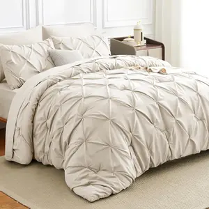 Pintuck Bed in a Bag, 7 Pieces Queen Size Comforter Set Beige, Luxury Pleat Bed in a Bag, Soft All Season Bedding Sets with Comforter, Flat Sheet, Fitted Sheet and Pillowcases & Shams